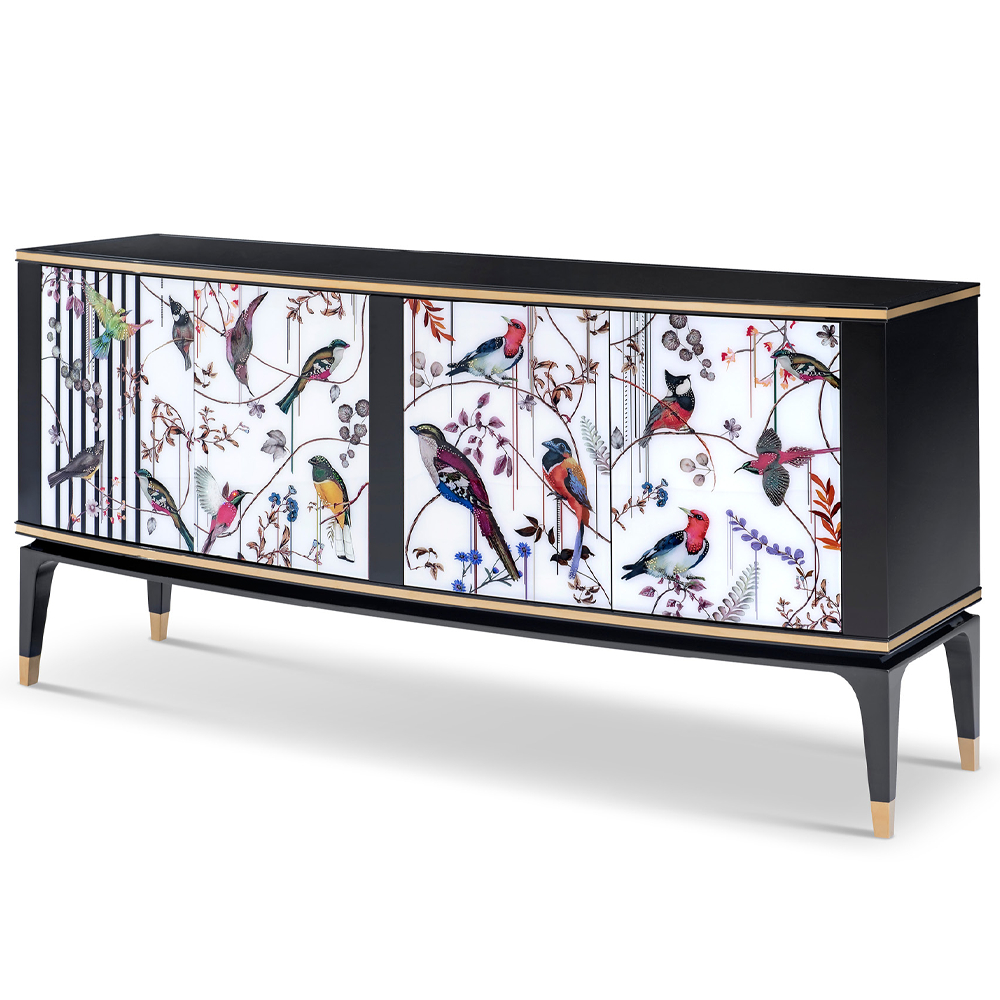 Flower and bird print sideboard inlaid with crystal diamonds