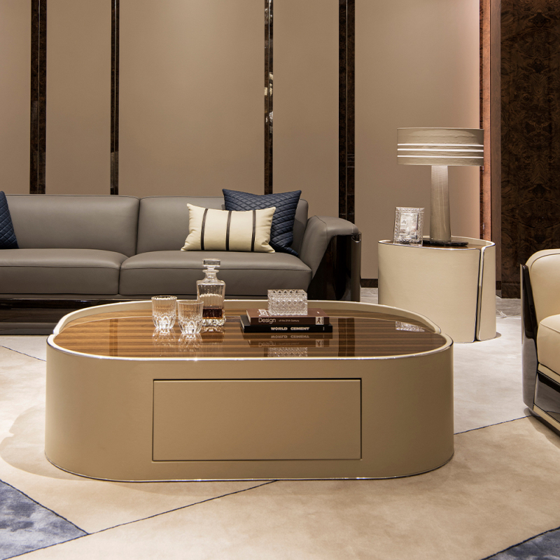 Wood veneer oval living room coffee table