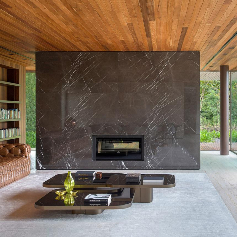 Outdoor stainless steel base + black glass coffee table