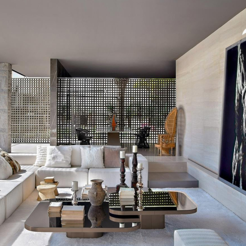 Outdoor stainless steel base + black glass coffee table