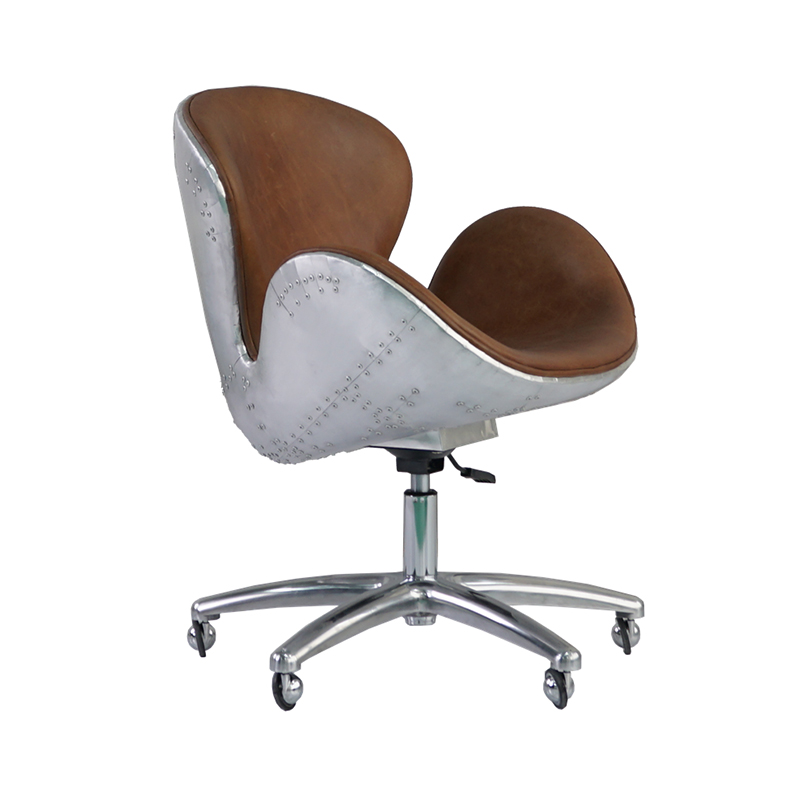 Leather office chair with aluminum frame and base on wheels