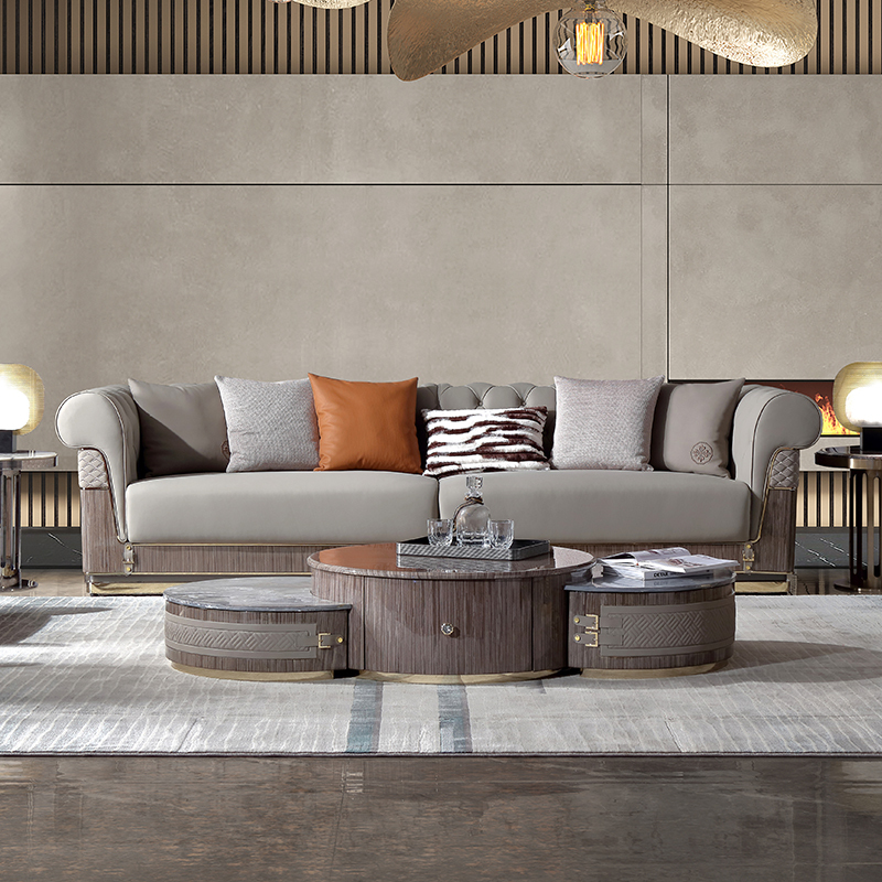 Modern exquisite blue gold sandstone veneer living room coffee table