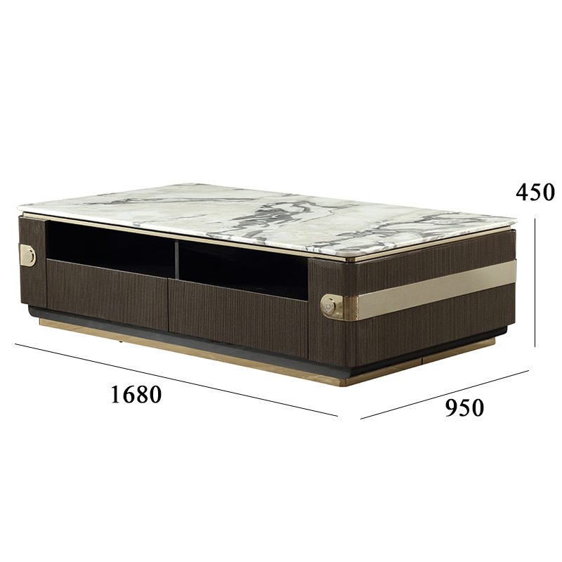 Striped Wood Veneer Mirrored Champagne Gold Living Room Coffee Table