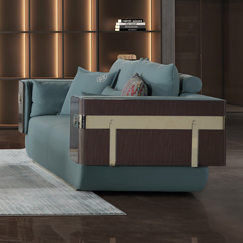 Striped Wood Veneer Mirrored Champagne Gold Living Room Coffee Table