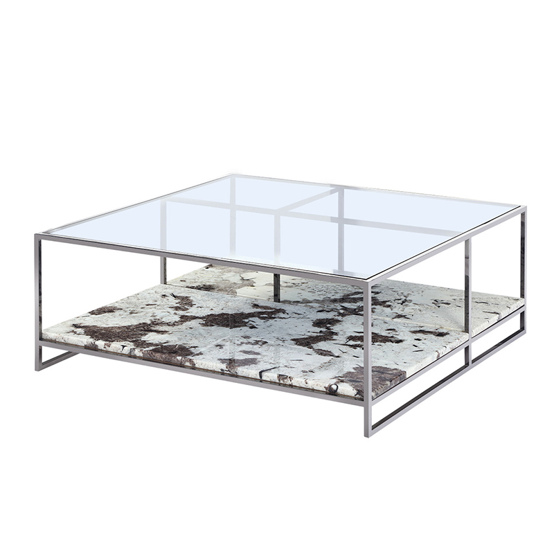 Modern Living Room Coffee Table with Tempered Glass/Mirrored Black Gold Hardware