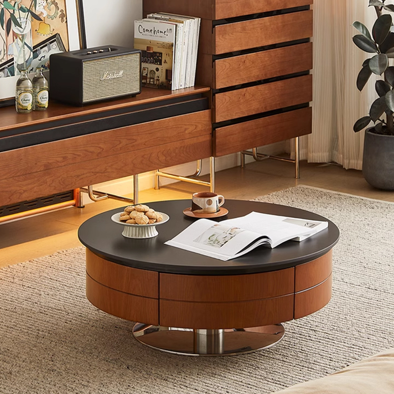 Cherry wood veneer and rock top living room round coffee table