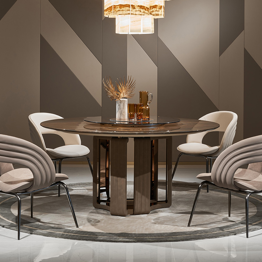 Luxurious Pink Jade Marble Round Dining Table with Antique Brass Base
