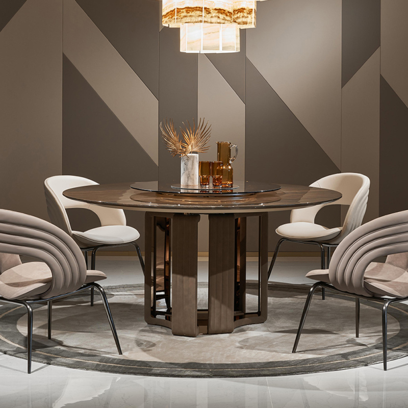 Luxurious Pink Jade Marble Round Dining Table with Antique Brass Base