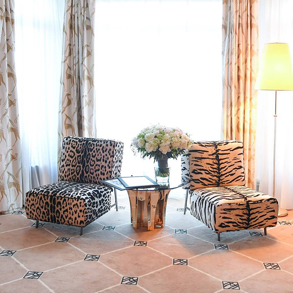 Chic Modern Lounge Chair with Brass and Embossed Fabric Design