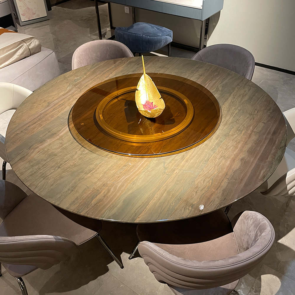 Luxurious Pink Jade Marble Round Dining Table with Antique Brass Base