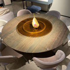 Luxurious Pink Jade Marble Round Dining Table with Antique Brass Base