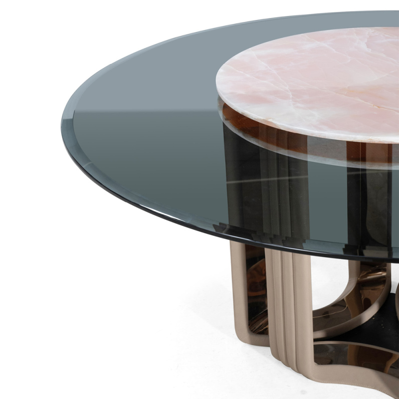 Luxurious Pink Jade Marble Round Dining Table with Antique Brass Base