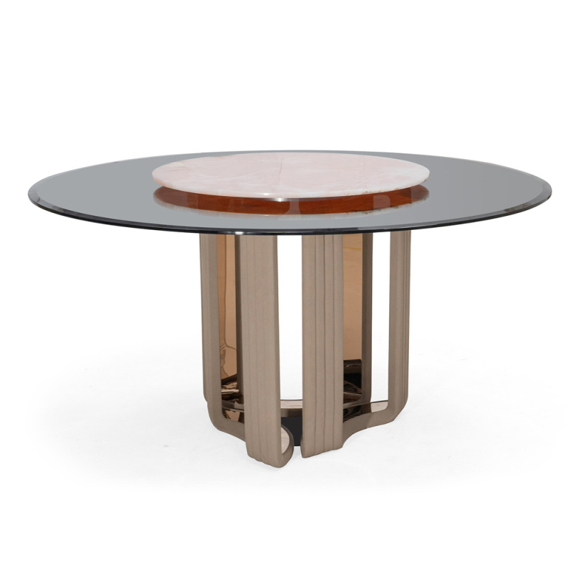 Luxurious Pink Jade Marble Round Dining Table with Antique Brass Base