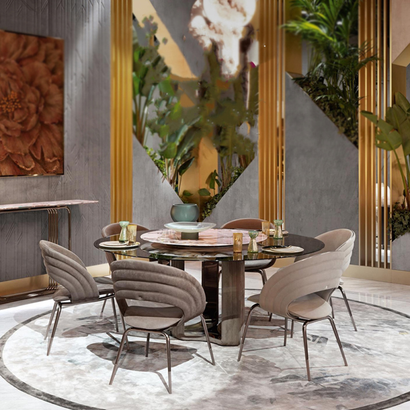 Luxurious Pink Jade Marble Round Dining Table with Antique Brass Base
