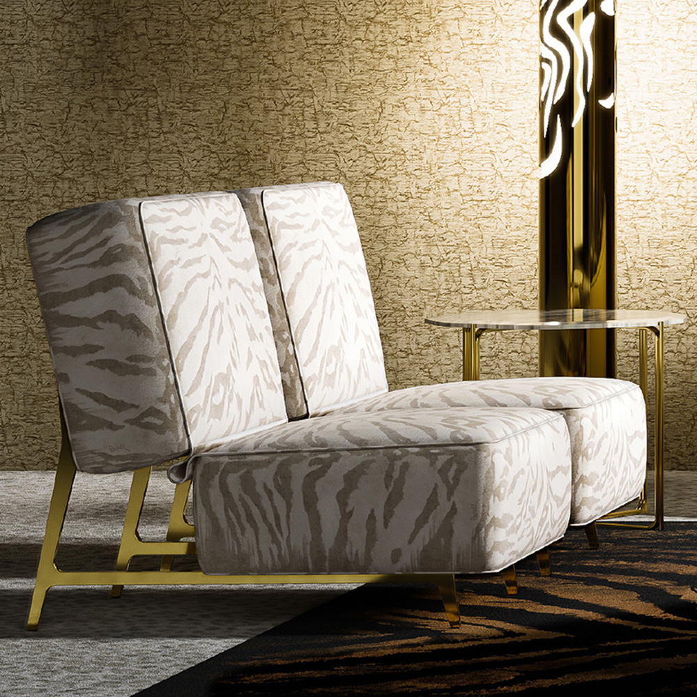 Chic Modern Lounge Chair with Brass and Embossed Fabric Design