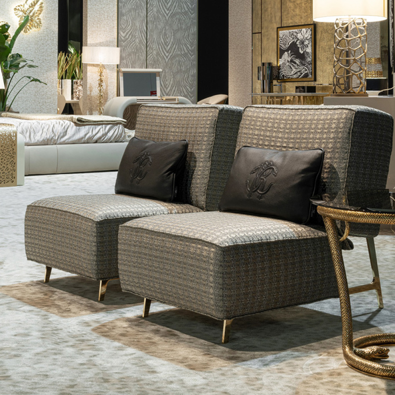 Chic Modern Lounge Chair with Brass and Embossed Fabric Design