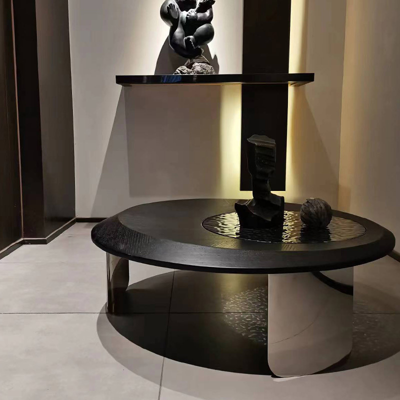 Modern Oval Coffee Table – Sleek Natural Stone and Stainless Steel Design