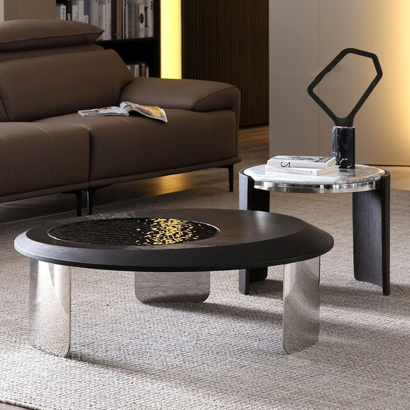 Modern Oval Coffee Table – Sleek Natural Stone and Stainless Steel Design