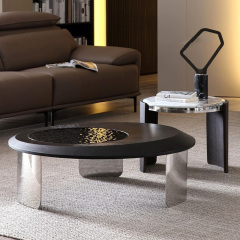 Modern Oval Coffee Table – Sleek Natural Stone and Stainless Steel Design
