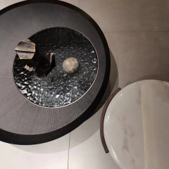 Modern Oval Coffee Table – Sleek Natural Stone and Stainless Steel Design