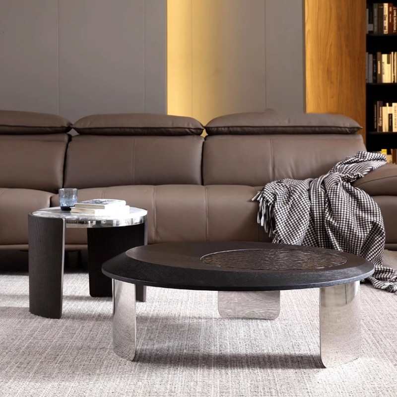 Modern Oval Coffee Table – Sleek Natural Stone and Stainless Steel Design