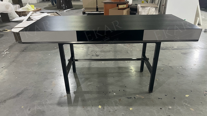 Modern Office Desk with Wooden Top and Metal Frame for Home or Workspace