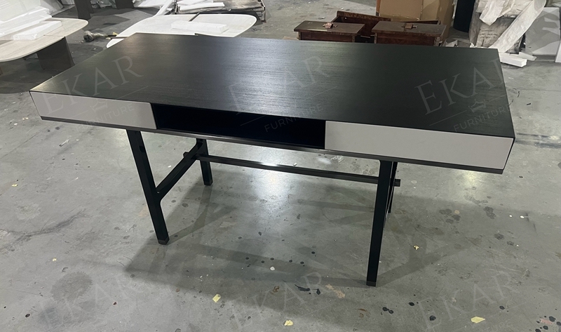 Modern Office Desk with Wooden Top and Metal Frame for Home or Workspace