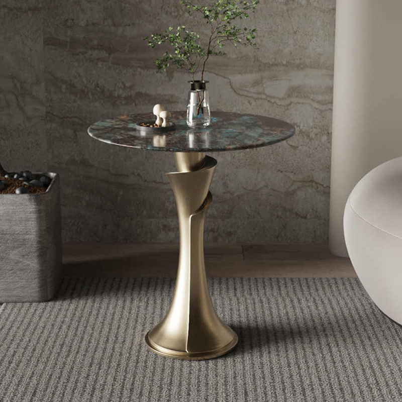 Modern Round Side Table with Marble Top and Metal Frame for Living Room