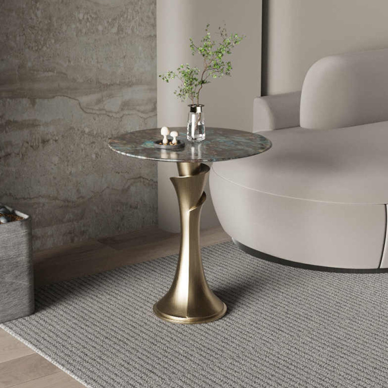 Modern Round Side Table with Marble Top and Metal Frame for Living Room