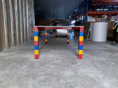 Gray and white stone mosaic tabletop, red, yellow and blue base dining table