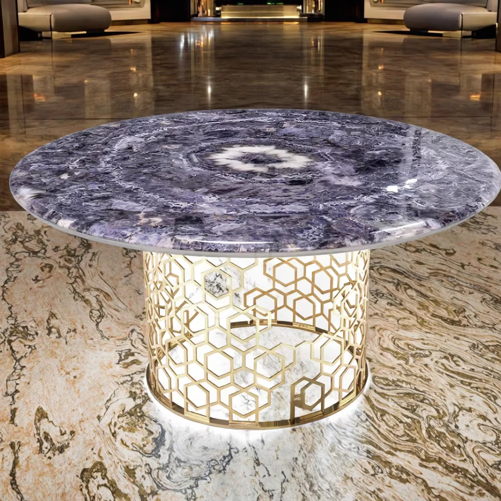 Modern Round Dining Table with Marble Top and Metal Base for Kitchen or Dining Room