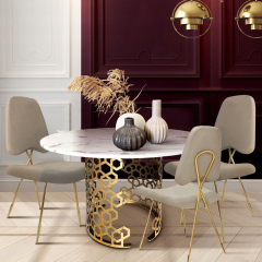 Modern Round Dining Table with Marble Top and Metal Base for Kitchen or Dining Room
