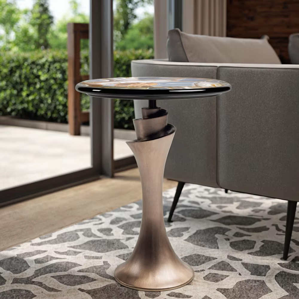 Modern Round Side Table with Marble Top and Metal Frame for Living Room