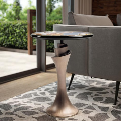 Modern Round Side Table with Marble Top and Metal Frame for Living Room