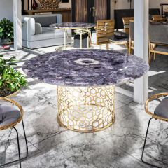 Modern Round Dining Table with Marble Top and Metal Base for Kitchen or Dining Room
