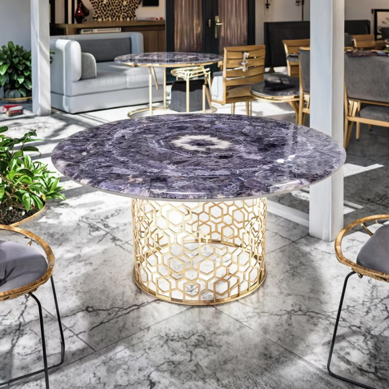 Modern Round Dining Table with Marble Top and Metal Base for Kitchen or Dining Room