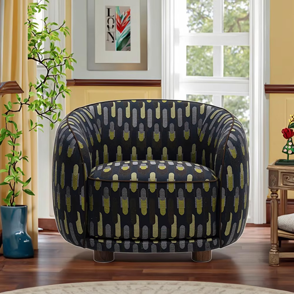 Modern Curved Lounge Chair with Upholstered Seat and Wooden Base