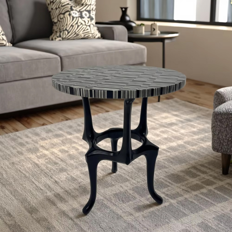 Modern Round Side Table with Wooden Top for Living Room