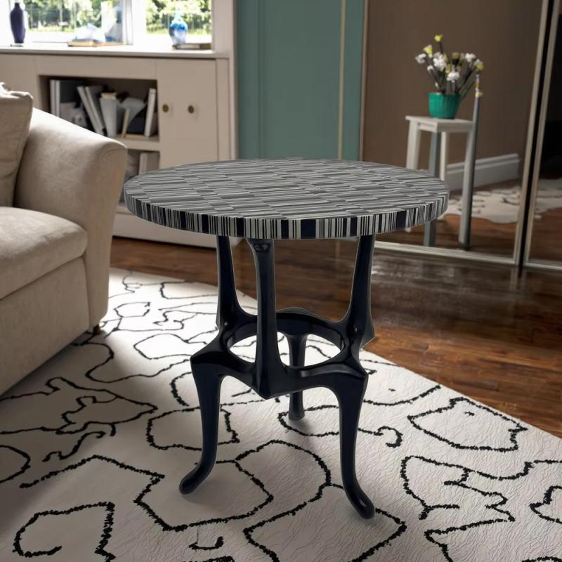 Modern Round Side Table with Wooden Top for Living Room