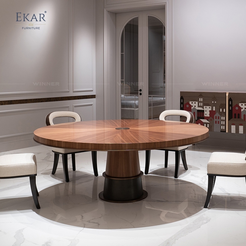 EKAR FURNITURE Modern Round Solid Wood Dining Table with Metal Trim