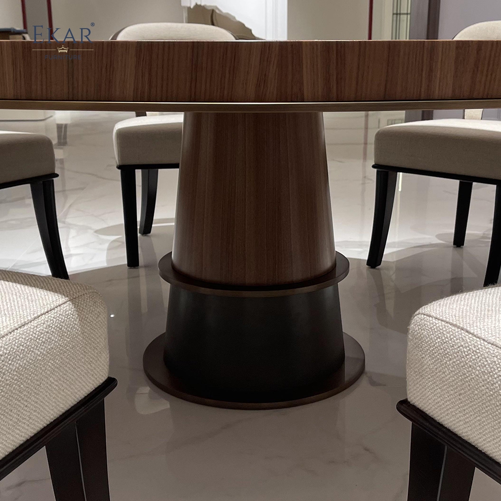 EKAR FURNITURE Modern Round Solid Wood Dining Table with Metal Trim