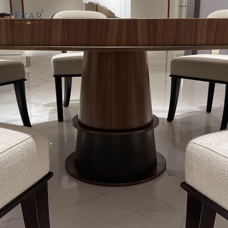 EKAR FURNITURE Modern Round Solid Wood Dining Table with Metal Trim