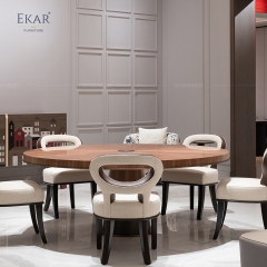 EKAR FURNITURE Modern Round Solid Wood Dining Table with Metal Trim
