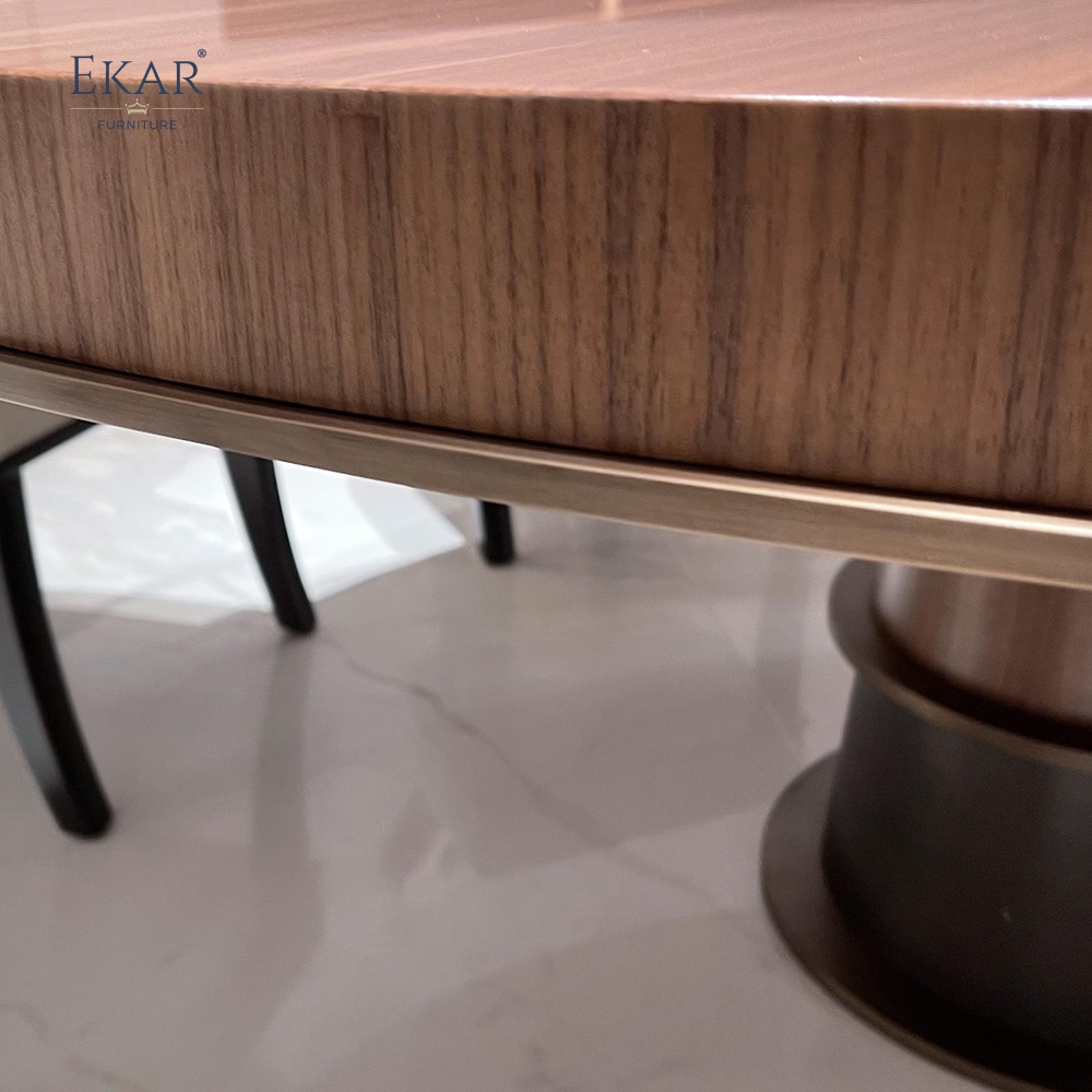 EKAR FURNITURE Modern Round Solid Wood Dining Table with Metal Trim