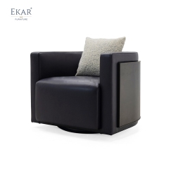 Modern Leather & Solid Wood Lounge Chair with Brass Accents and Ergonomic Design