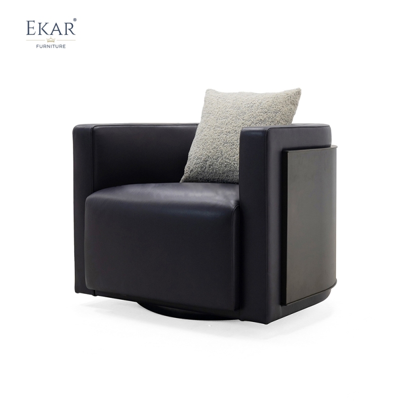 Modern Leather & Solid Wood Lounge Chair with Brass Accents and Ergonomic Design