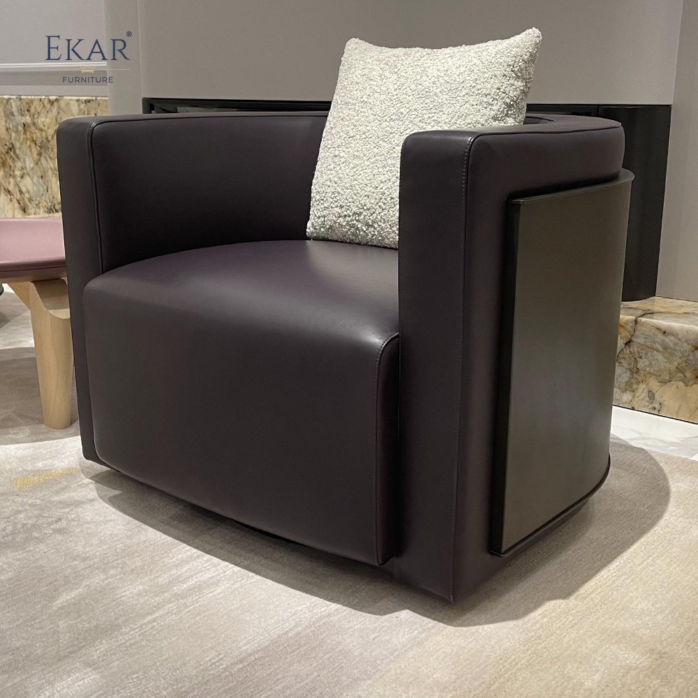 Modern Leather & Solid Wood Lounge Chair with Brass Accents and Ergonomic Design