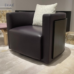 Modern Leather & Solid Wood Lounge Chair with Brass Accents and Ergonomic Design