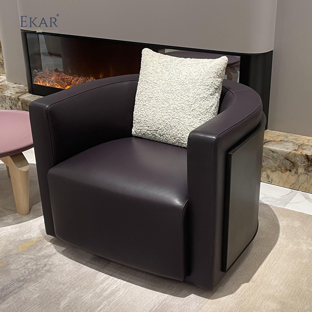 Modern Leather & Solid Wood Lounge Chair with Brass Accents and Ergonomic Design