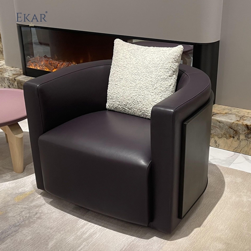 Modern Leather & Solid Wood Lounge Chair with Brass Accents and Ergonomic Design